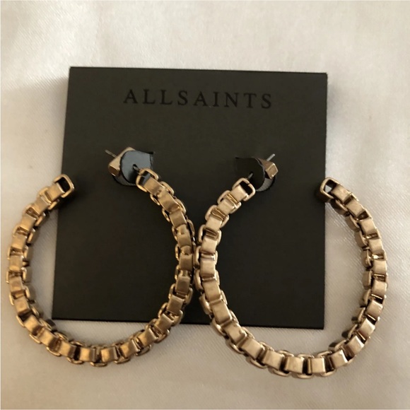 ALLSAINTS Gold Tone C-Shaped Link Chain Hoop Earrings NWT - Picture 7 of 12